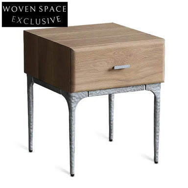 Minimalist Solid Oak Wood Storage Bedside Table Modern Metal Base Accent