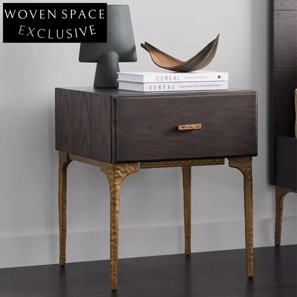 Minimalist Solid Oak Wood Storage Bedside Table Modern Metal Base Accent