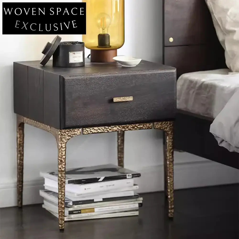 Minimalist Solid Oak Wood Storage Bedside Table Modern Metal Base Accent