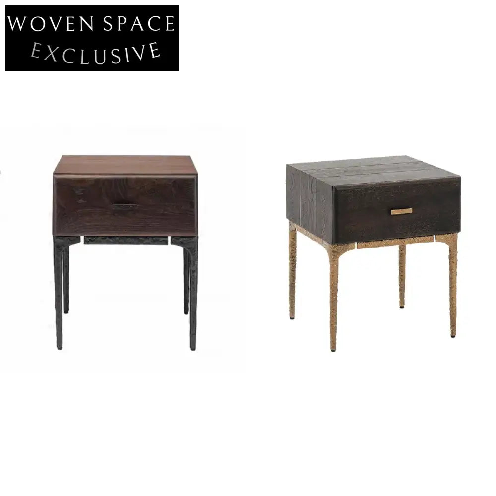 Minimalist Solid Oak Wood Storage Bedside Table Modern Metal Base Accent