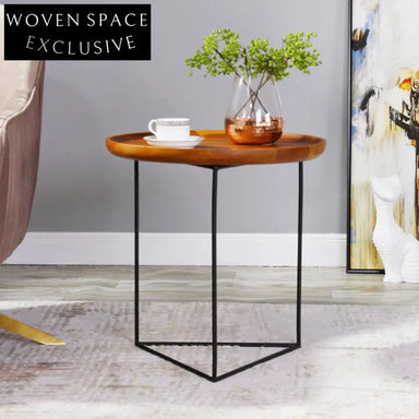 Minimalist Solid Oak Wood Top Modern Side Table with Metal Base Coffee Table