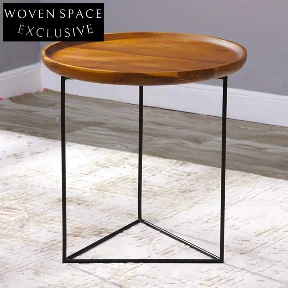 Minimalist Solid Oak Wood Top Modern Side Table with Metal Base Coffee Table