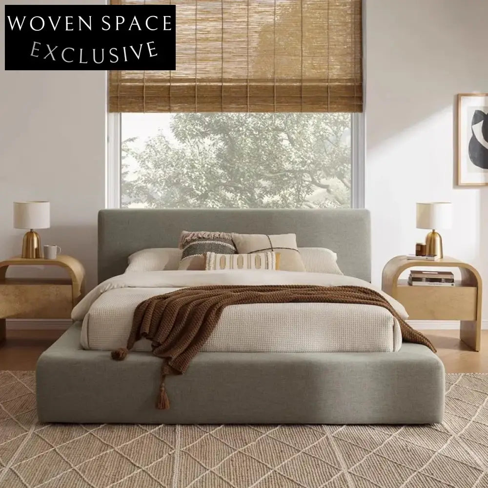 Minimalist Solid Wood Linen Fabric King Double Upholstered Bedroom Bed