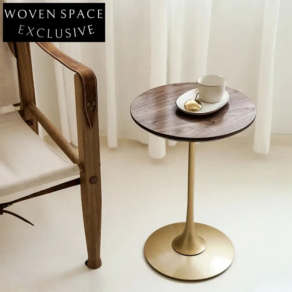 Minimalist Solid Wood Round Coffee Table with Golden Metal Base