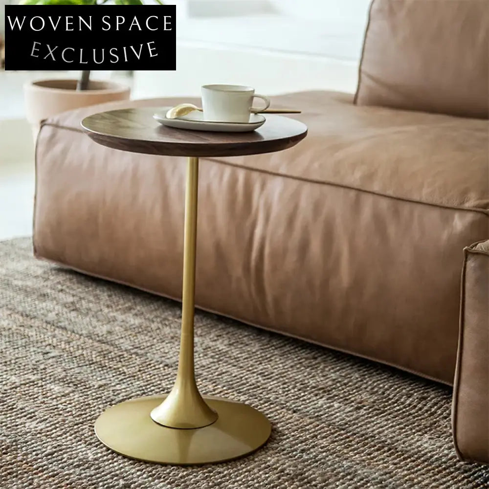 Minimalist Solid Wood Round Coffee Table with Golden Metal Base