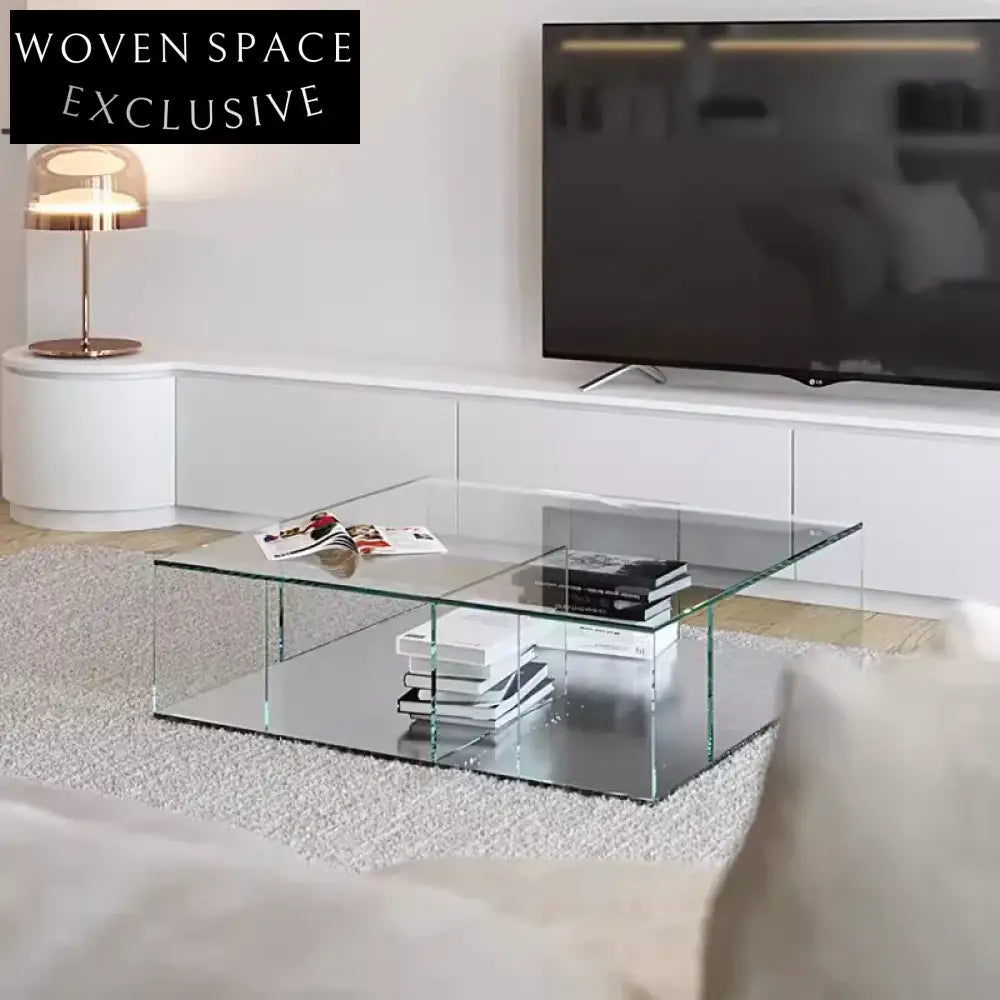 Minimalist Transparent Square Glass Coffee Table Living Room Storage Centerpiece