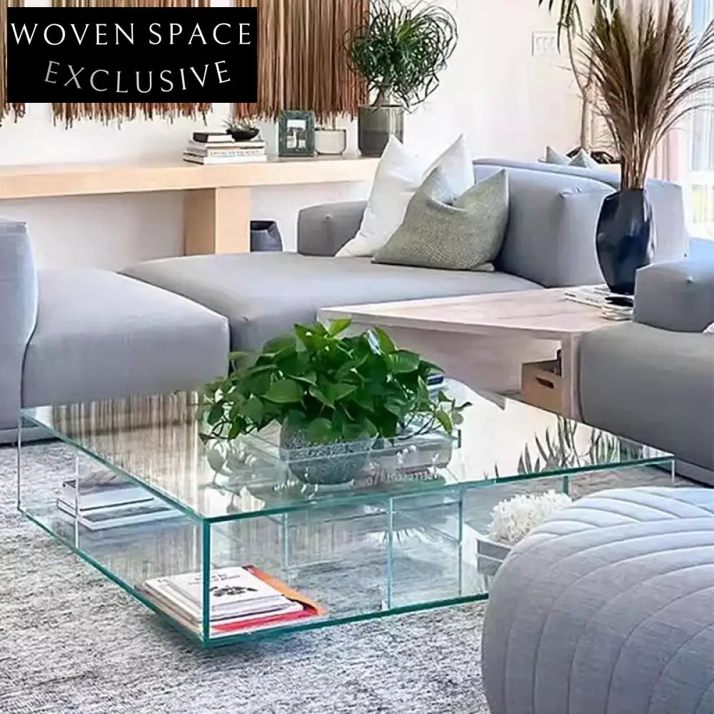 Minimalist Transparent Square Glass Coffee Table Living Room Storage Centerpiece