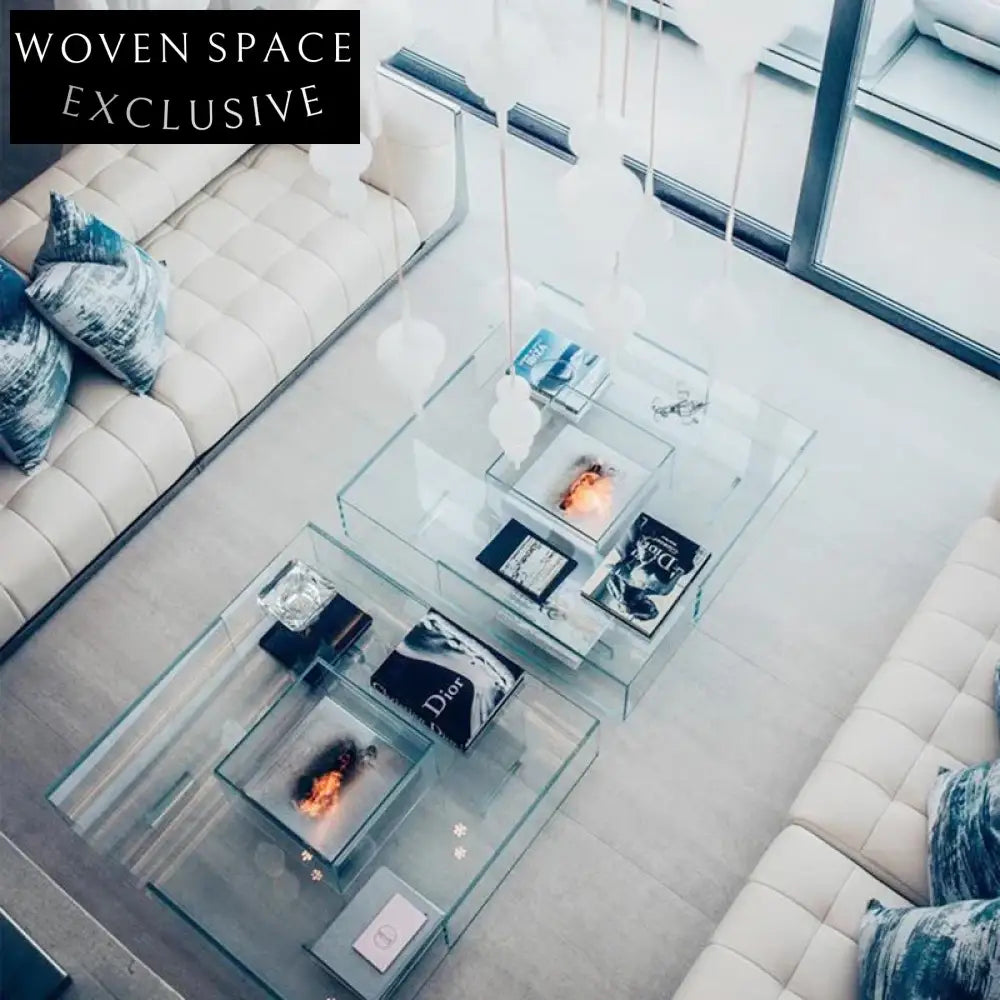 Minimalist Transparent Square Glass Coffee Table Living Room Storage Centerpiece