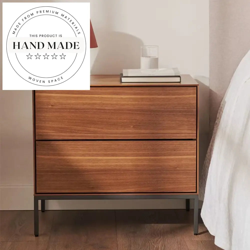 Modern 2 Drawer Oak Veneer and Steel Leg Bedside Table