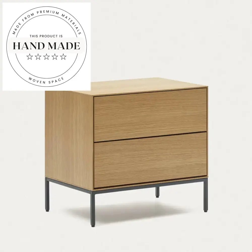 Modern 2 Drawer Oak Veneer and Steel Leg Bedside Table