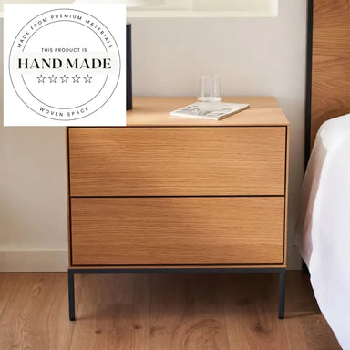 Modern 2 Drawer Oak Veneer and Steel Leg Bedside Table