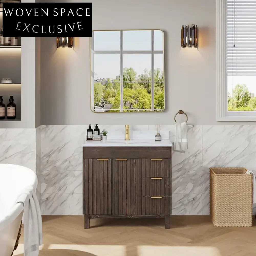 Modern 36-inch Solid Wood Bathroom Vanity Cabinet with Soft-Close Drawers