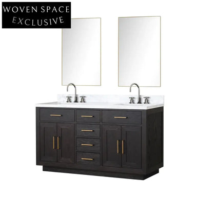 Modern 60-Inch Black Melamine Double Sink Bathroom Vanity Combo with Storage