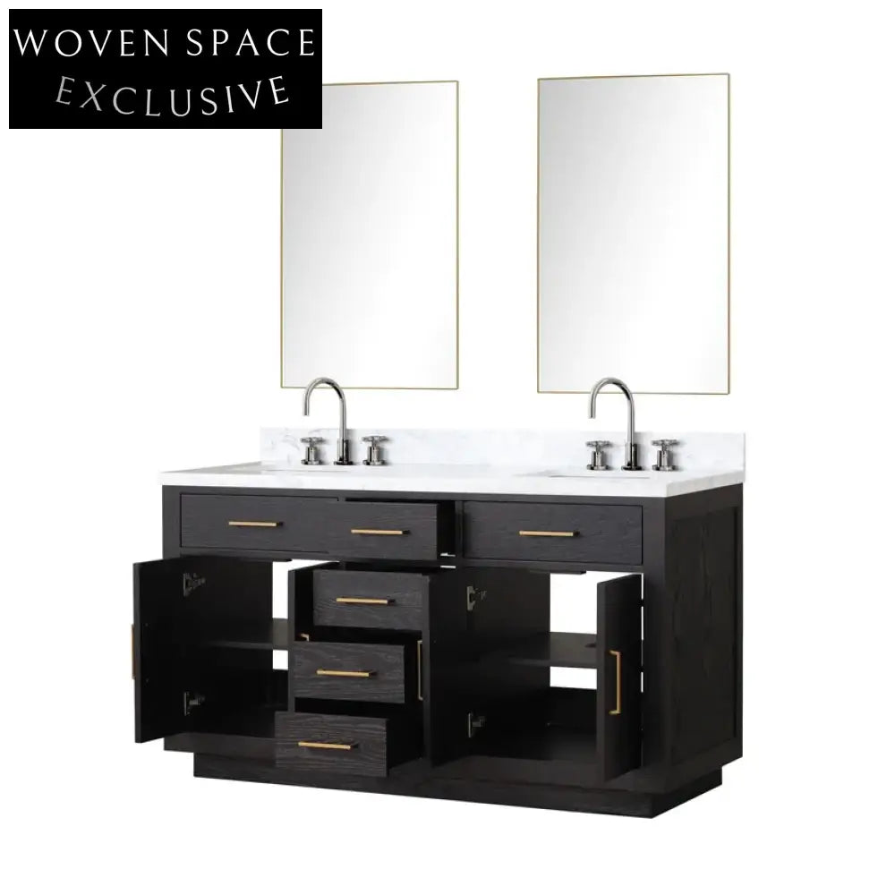 Modern 60-Inch Black Melamine Double Sink Bathroom Vanity Combo with Storage