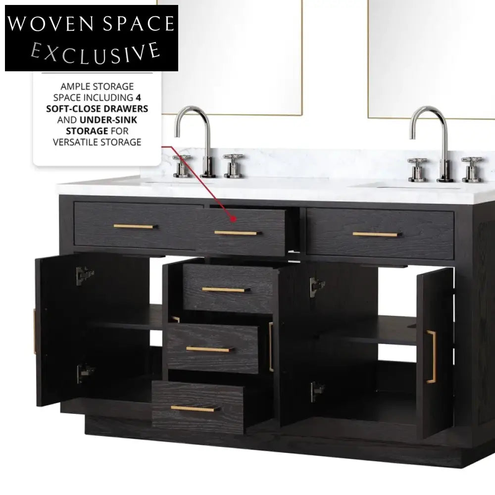 Modern 60-Inch Black Melamine Double Sink Bathroom Vanity Combo with Storage
