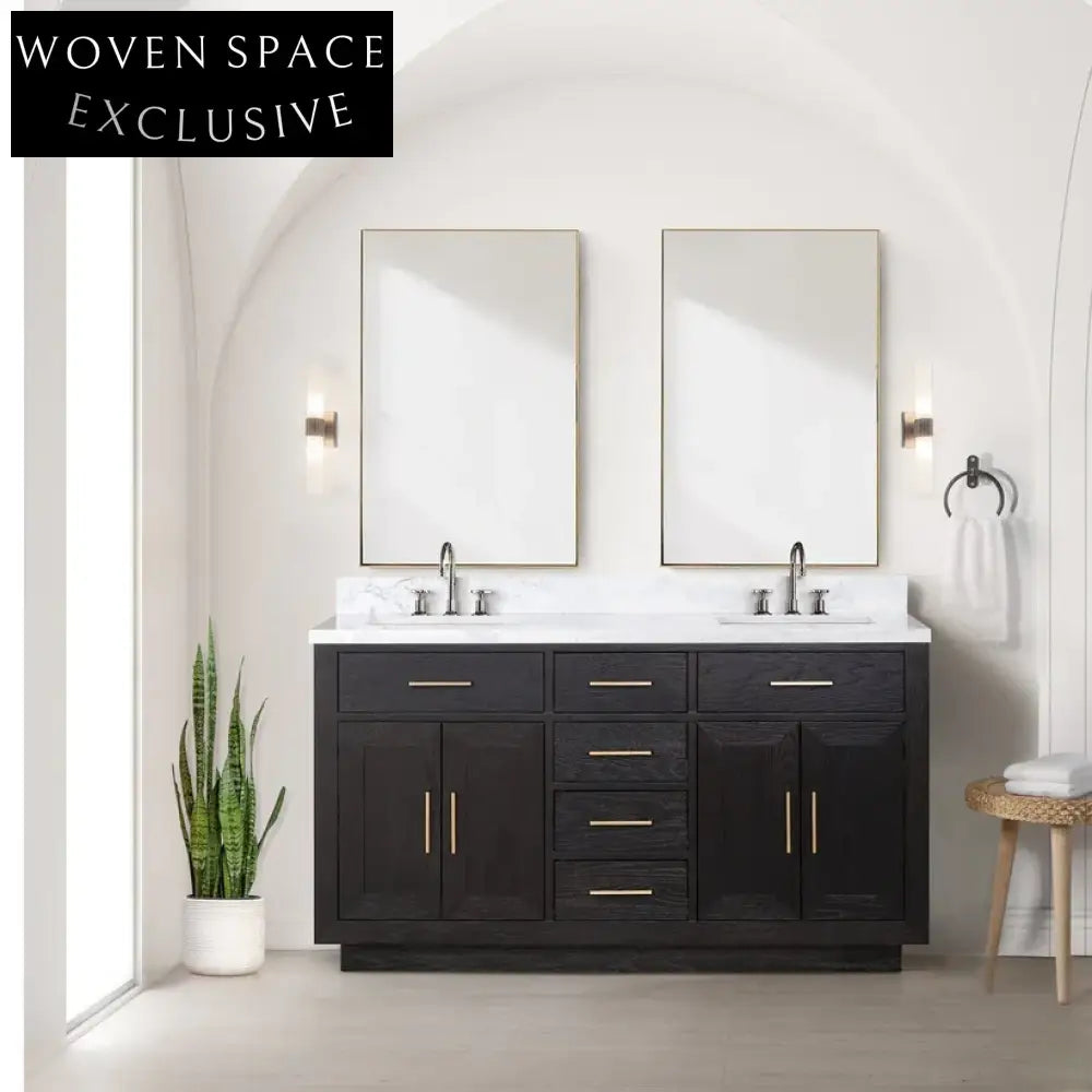 Modern 60-Inch Black Melamine Double Sink Bathroom Vanity Combo with Storage