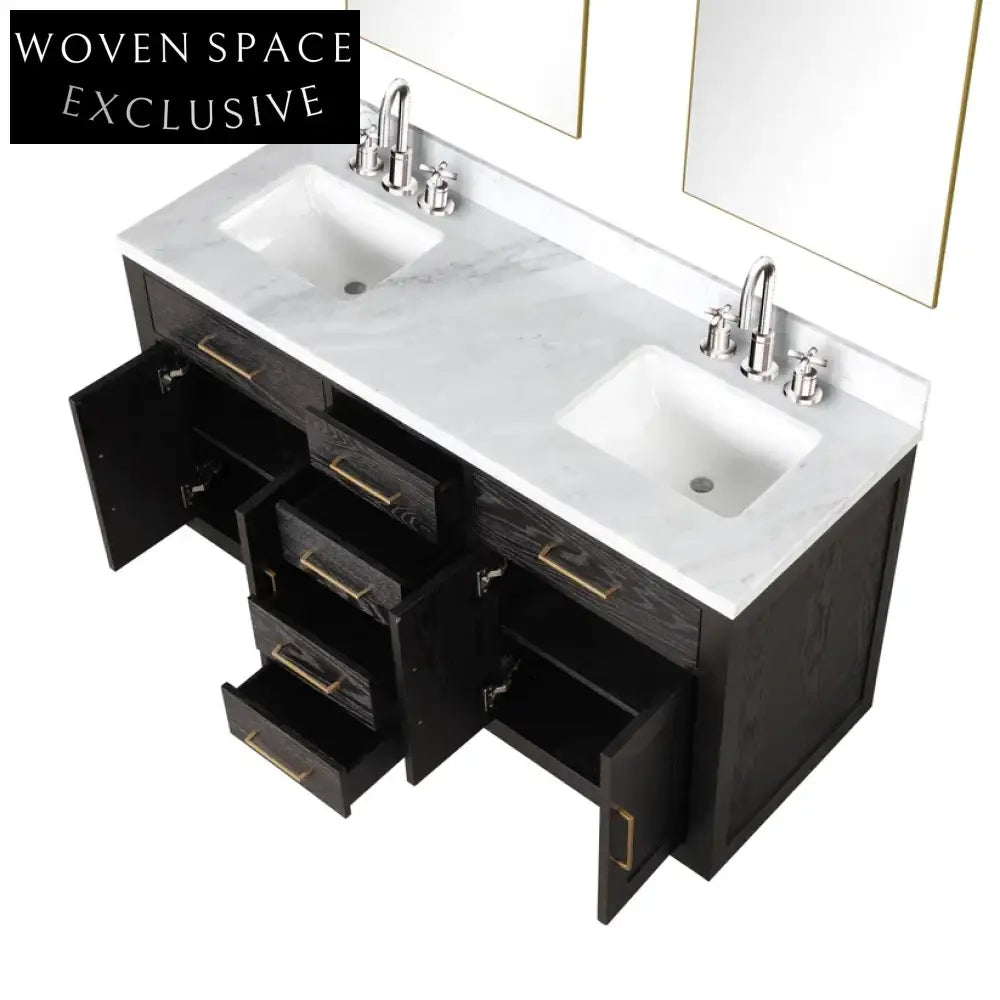 Modern 60-Inch Black Melamine Double Sink Bathroom Vanity Combo with Storage
