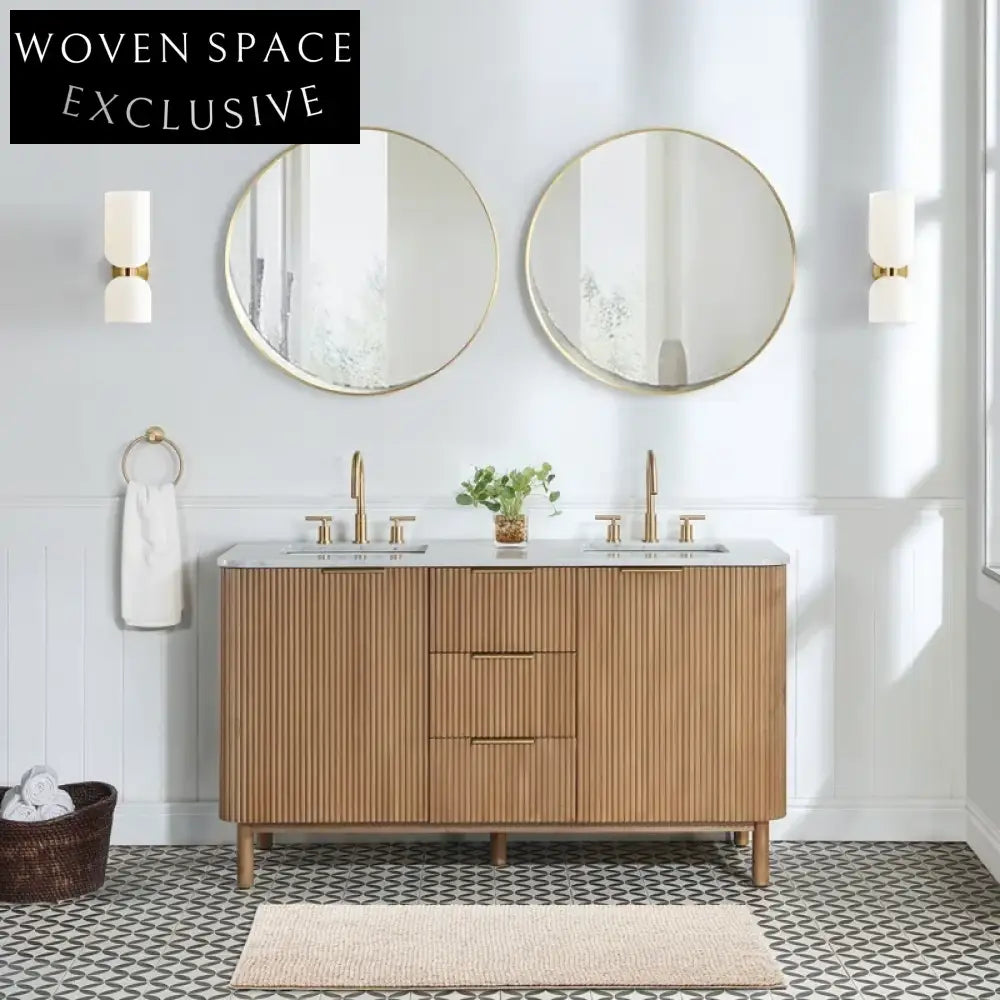 Modern 60-Inch Double Sink Solid Wood Vanity with Carrara Marble Top