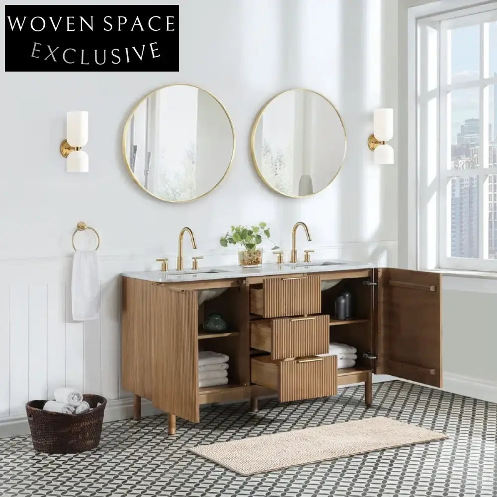 Modern 60-Inch Double Vanity, Solid Wood, Carrara Marble Top, Bathroom Furniture