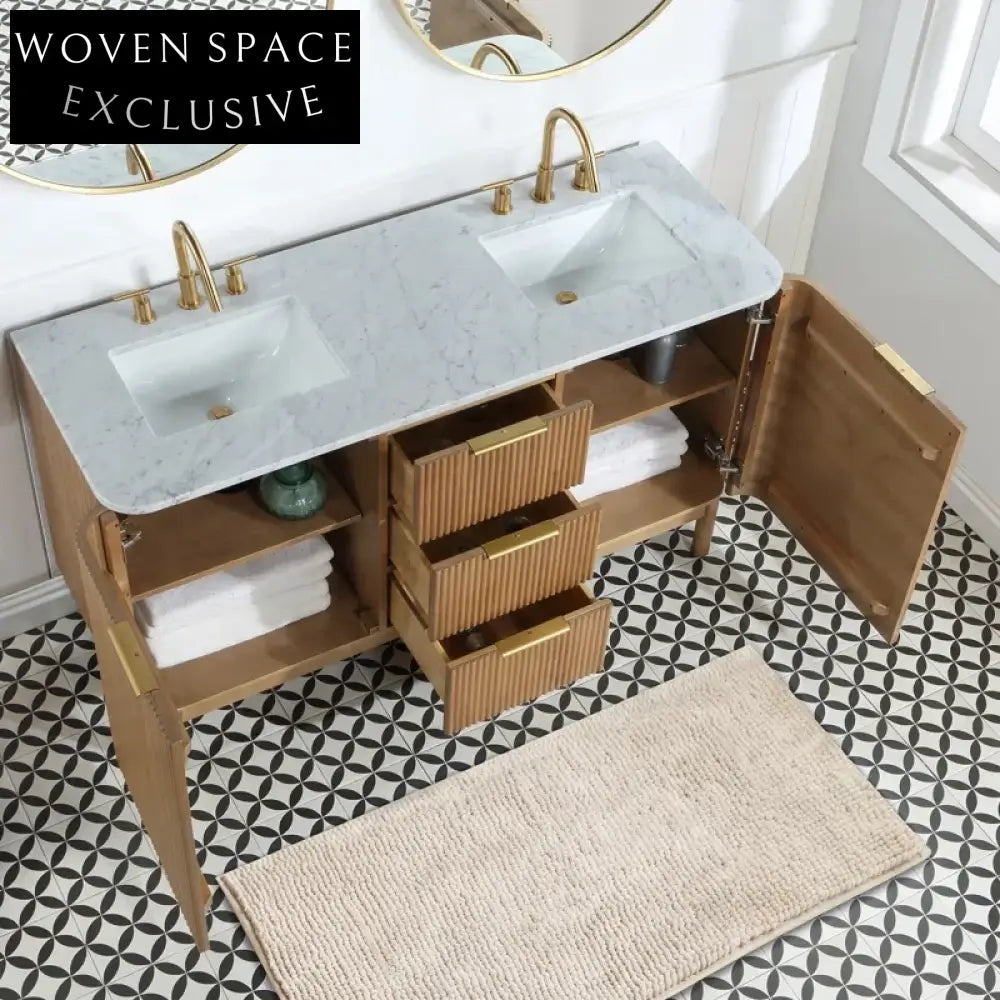 Modern 60-Inch Double Vanity, Solid Wood, Carrara Marble Top, Bathroom Furniture