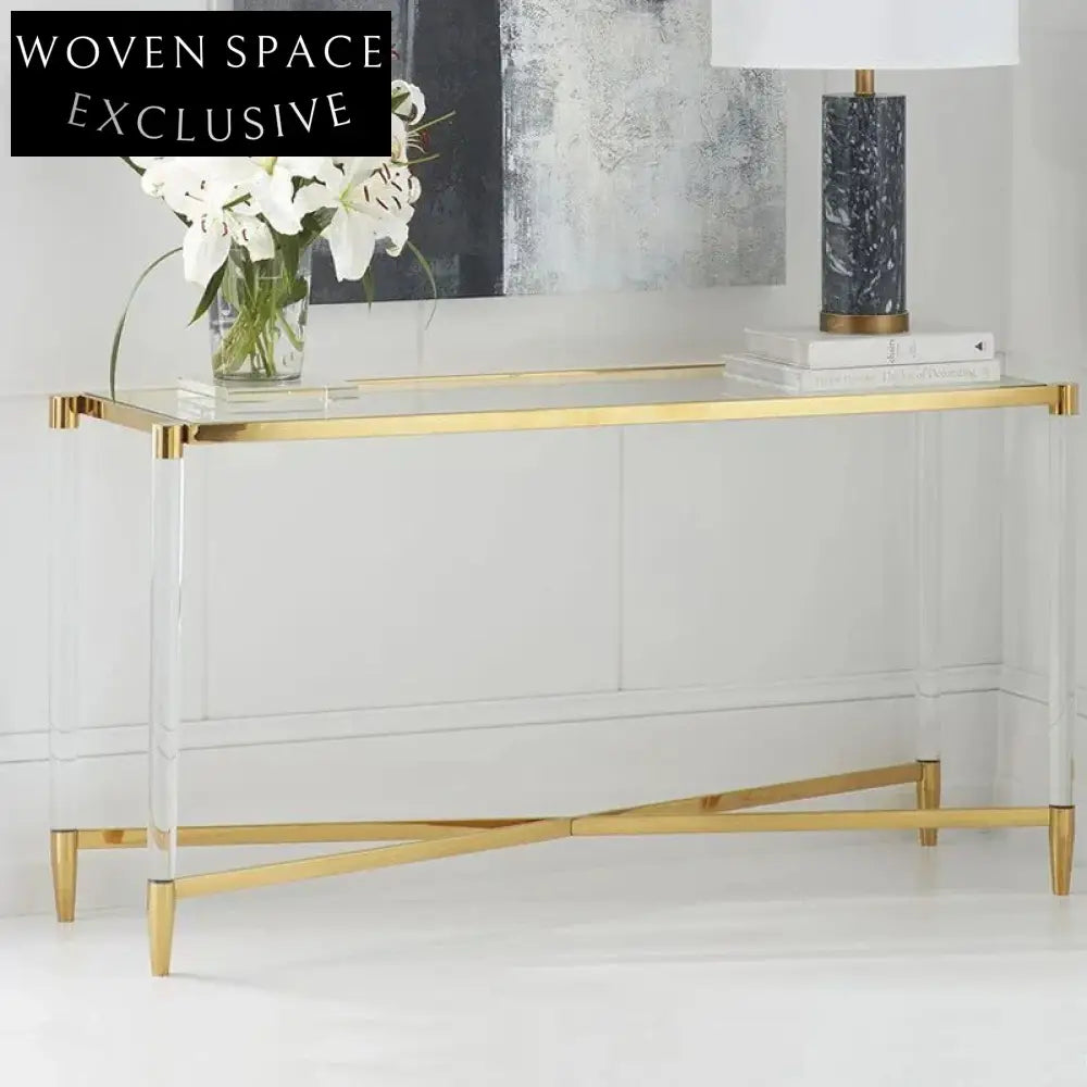 Modern Acrylic Glass Console Table with Gold Stainless Steel Base