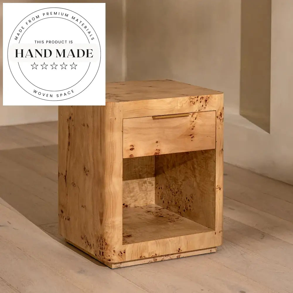 Modern American Natural Burr Wood Single Drawer Storage Nightstand