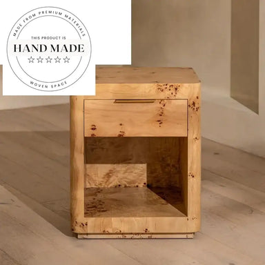 Modern American Natural Burr Wood Single Drawer Storage Nightstand