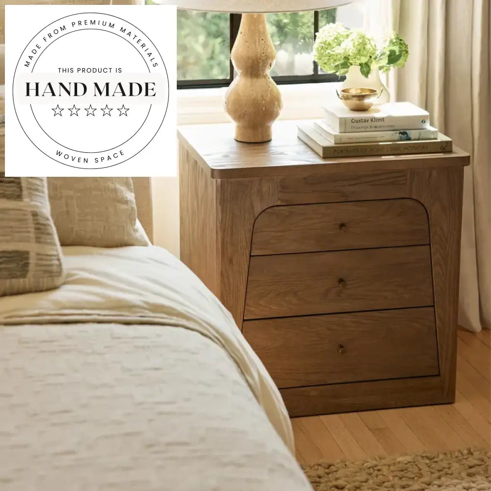 Modern Antique Square Ash Wood 3 Drawer Storage Bedside Cabinet