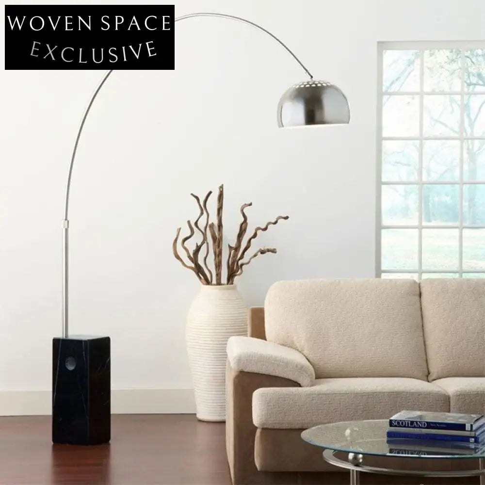 Modern Arc Floor Lamp with Elegant Marble Base, Metal Frame, Round Shade for Living Room