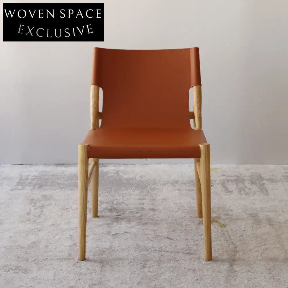 Modern Ash Wood Frame Saddle Leather Dining Chair with Customizable Colors