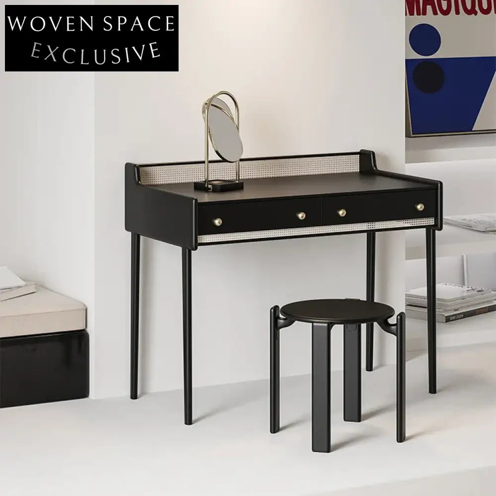 Modern Bedroom Black Solid Wood Rattan Makeup Dressing Table with Two Drawers
