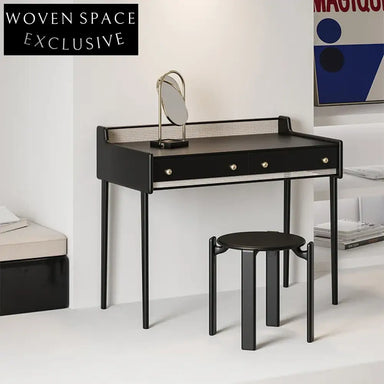 Modern Bedroom Black Solid Wood Rattan Makeup Dressing Table with Two Drawers