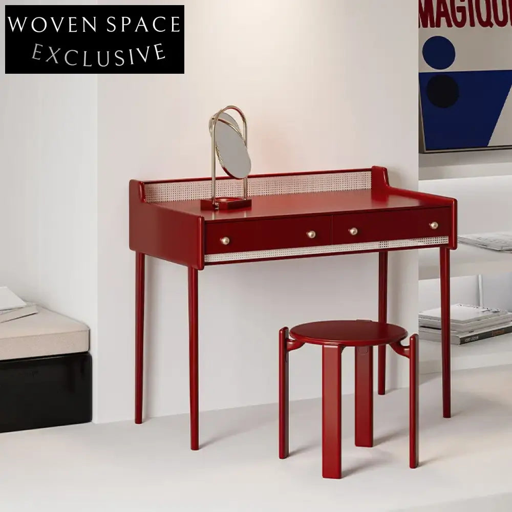 Modern Bedroom Black Solid Wood Rattan Makeup Dressing Table with Two Drawers