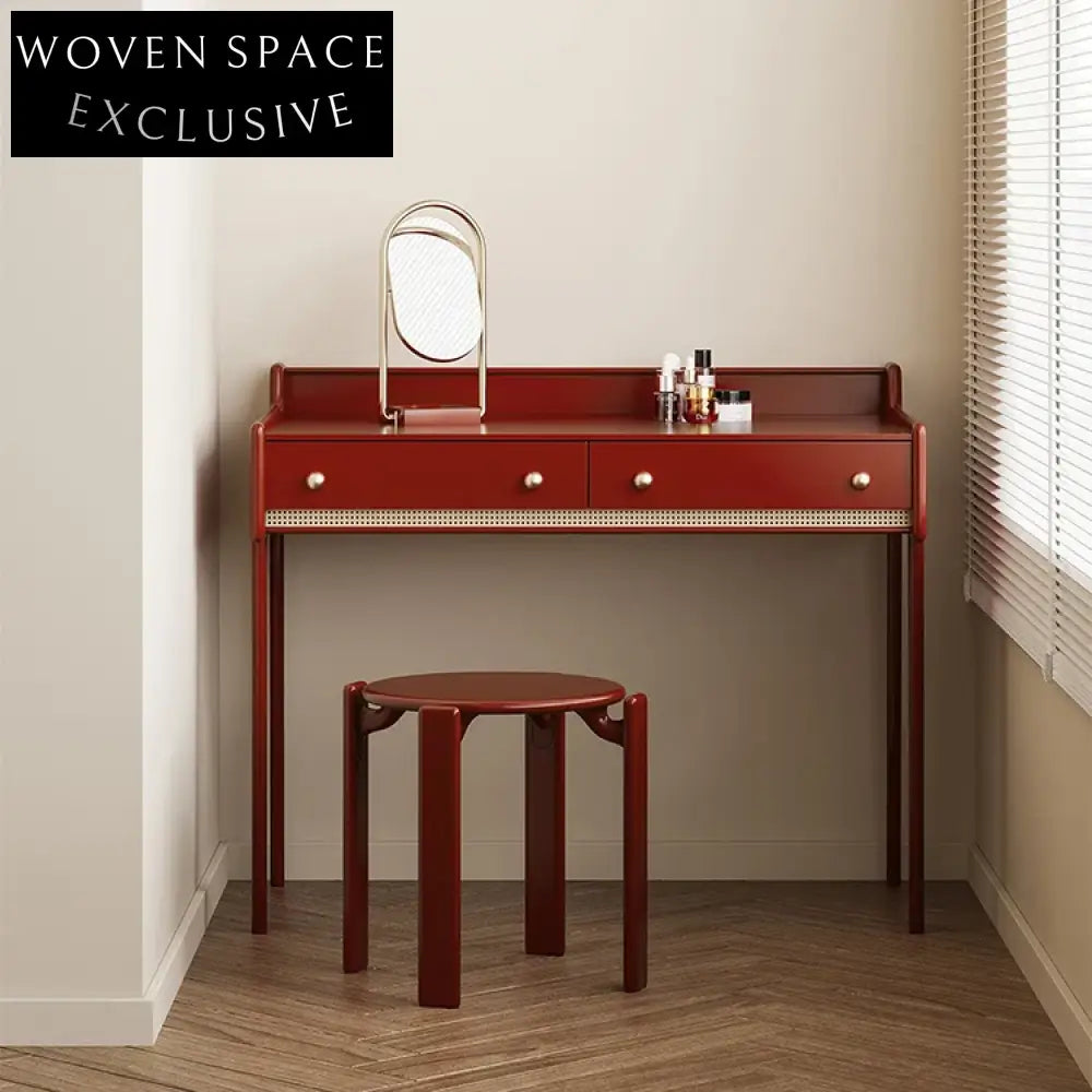 Modern Bedroom Black Solid Wood Rattan Makeup Dressing Table with Two Drawers