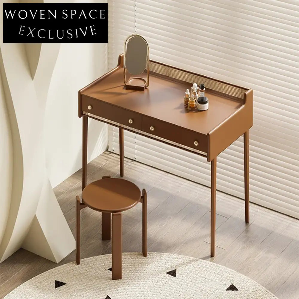 Modern Bedroom Black Solid Wood Rattan Makeup Dressing Table with Two Drawers
