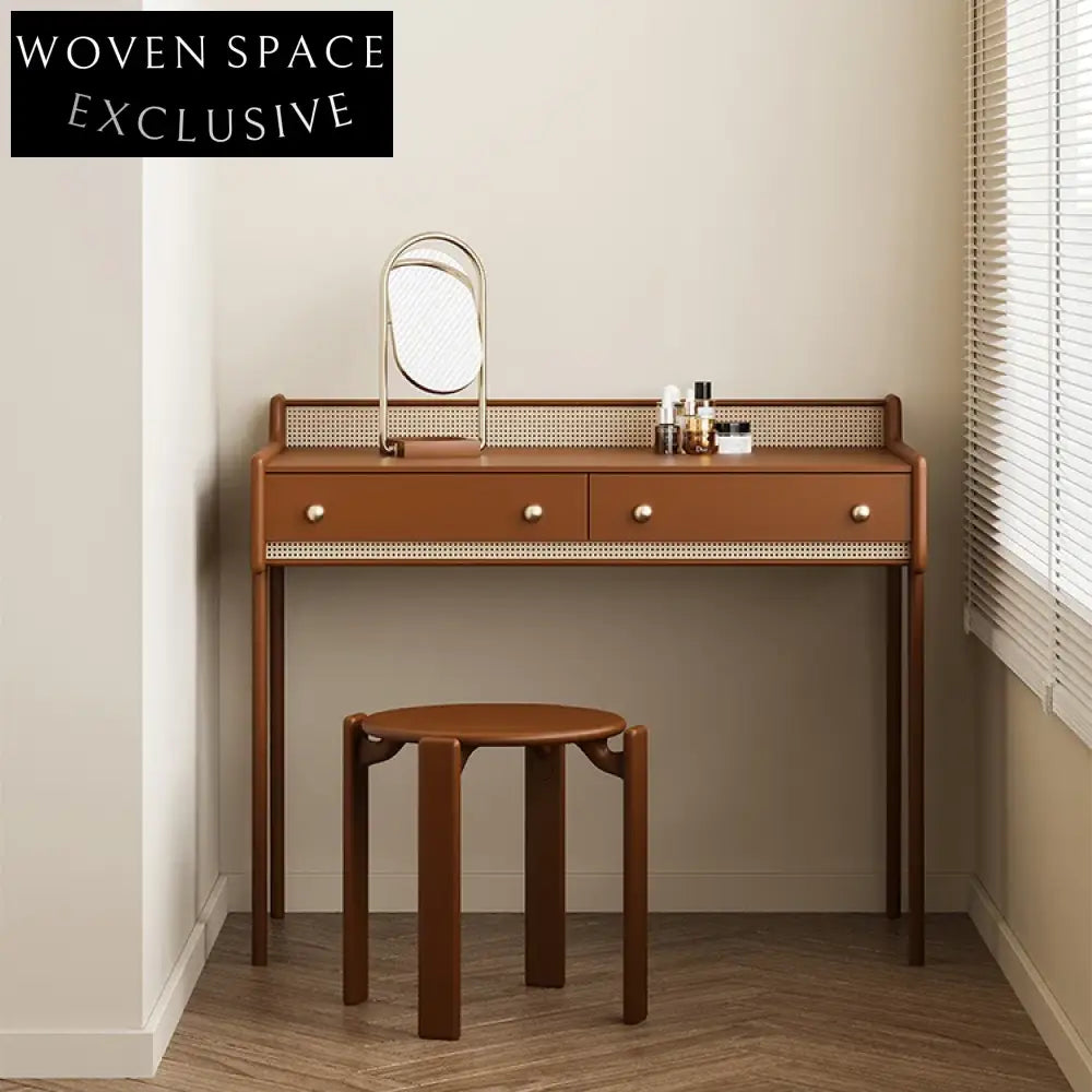 Modern Bedroom Black Solid Wood Rattan Makeup Dressing Table with Two Drawers