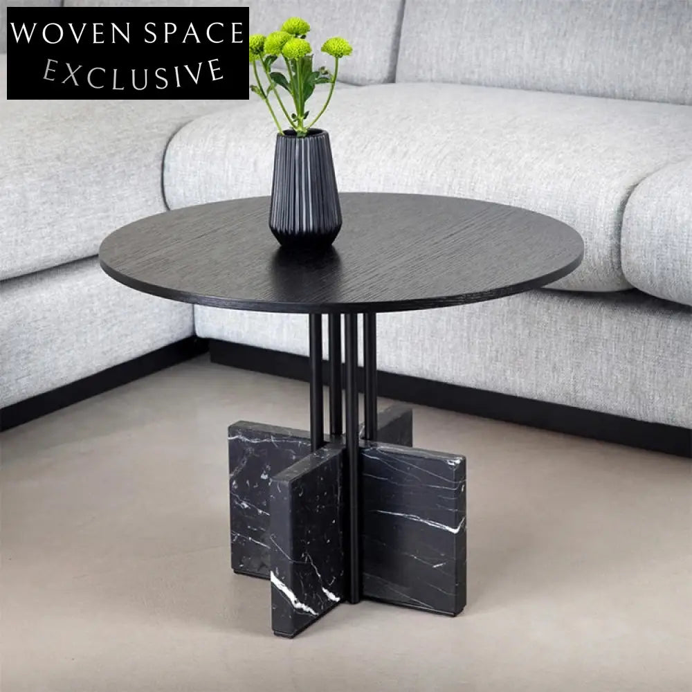 Modern Black Marble & Metal Round Coffee Table Set with End Tables