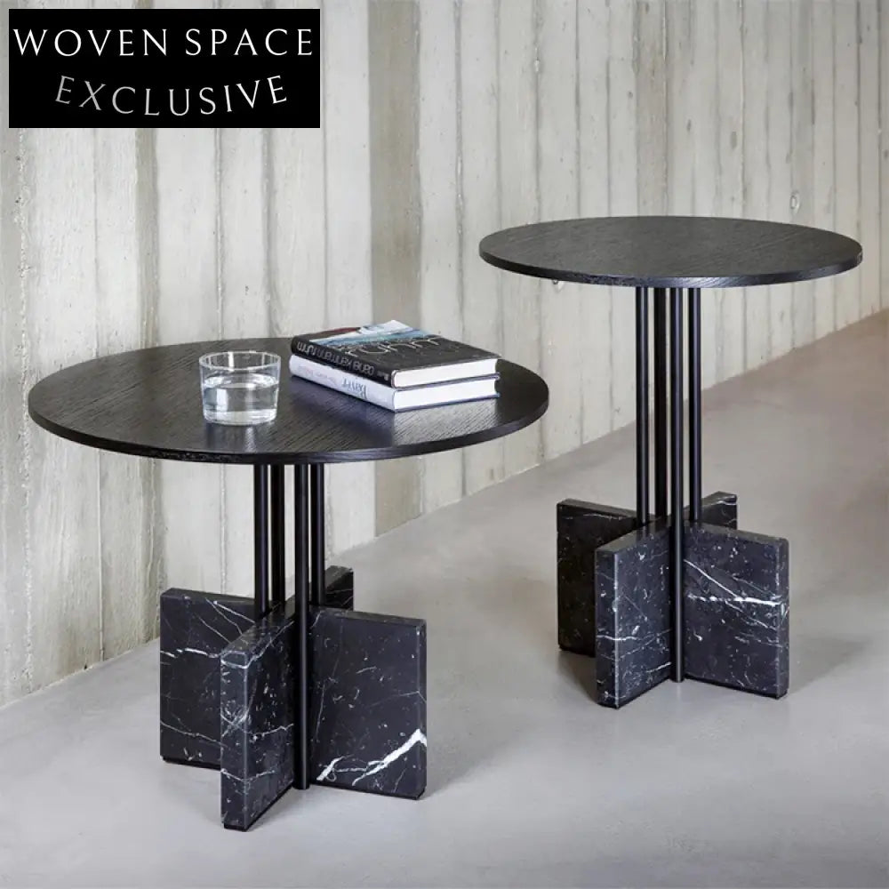 Modern Black Marble & Metal Round Coffee Table Set with End Tables