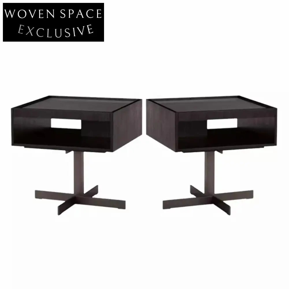 Modern Black Nightstand with Stainless Steel Base, 1 Drawer, Wood Veneer Side Table