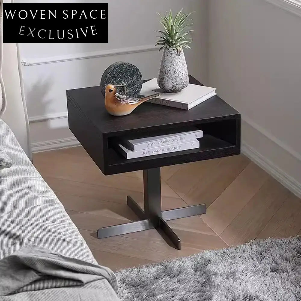 Modern Black Nightstand with Stainless Steel Base, 1 Drawer, Wood Veneer Side Table
