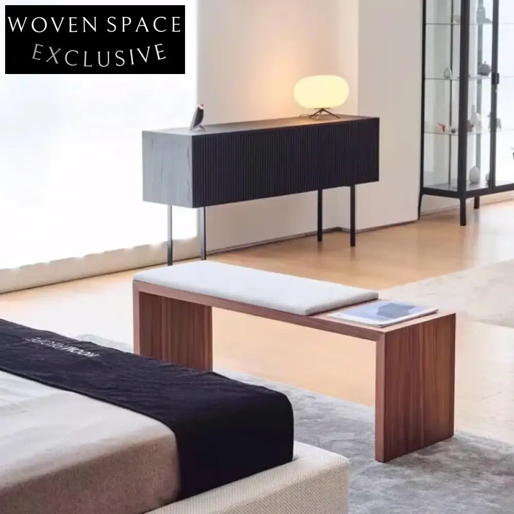 Modern Black Real Leather Wooden Ottoman Entryway Living Room Bench