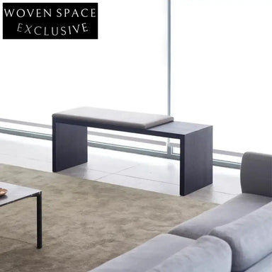 Modern Black Real Leather Wooden Ottoman Entryway Living Room Bench