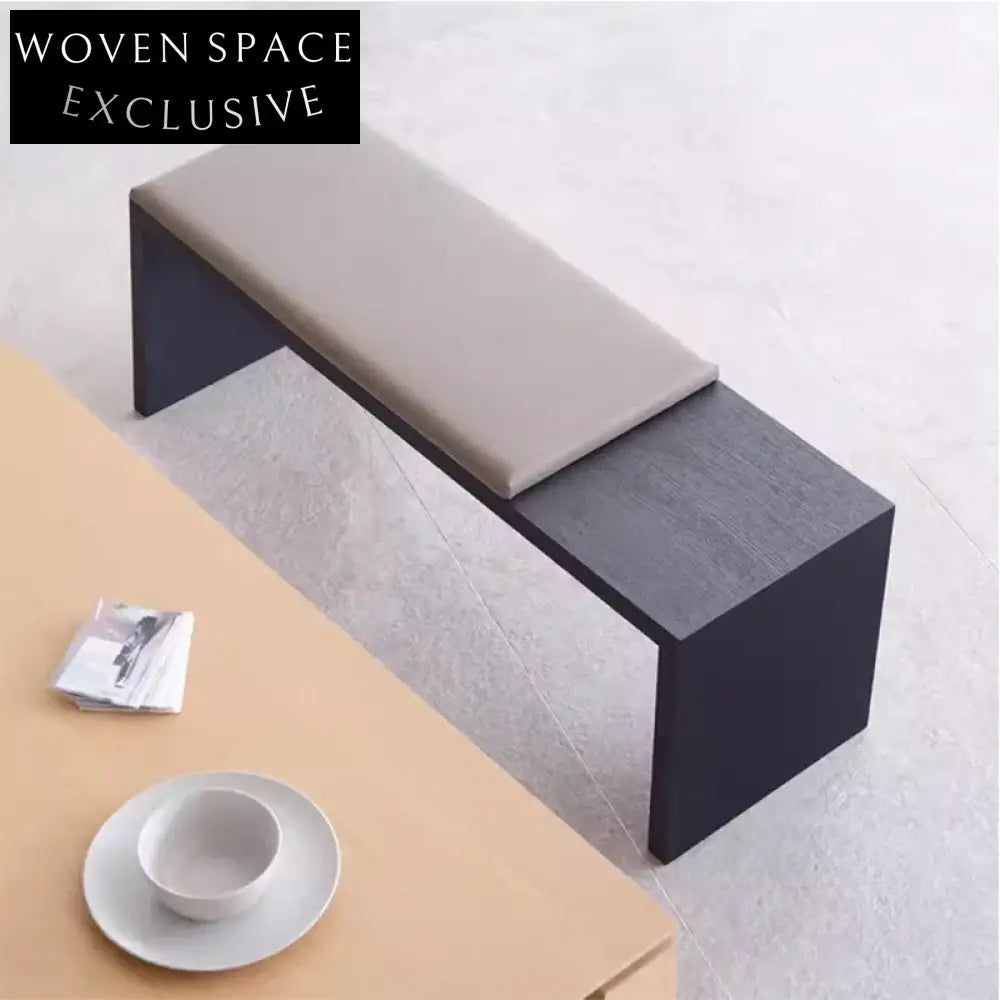 Modern Black Real Leather Wooden Ottoman Entryway Living Room Bench