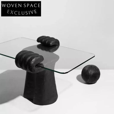 Modern Black Resin Glass Top Compact Side Table for Living Room Decor