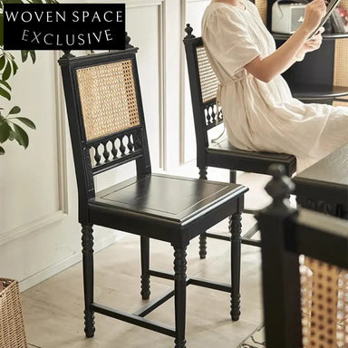 Modern Black Solid Oak Wood Rattan Natural Woven Dining Chair