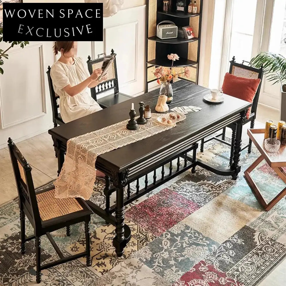 Modern Black Solid Oak Wood Rattan Natural Woven Dining Chair