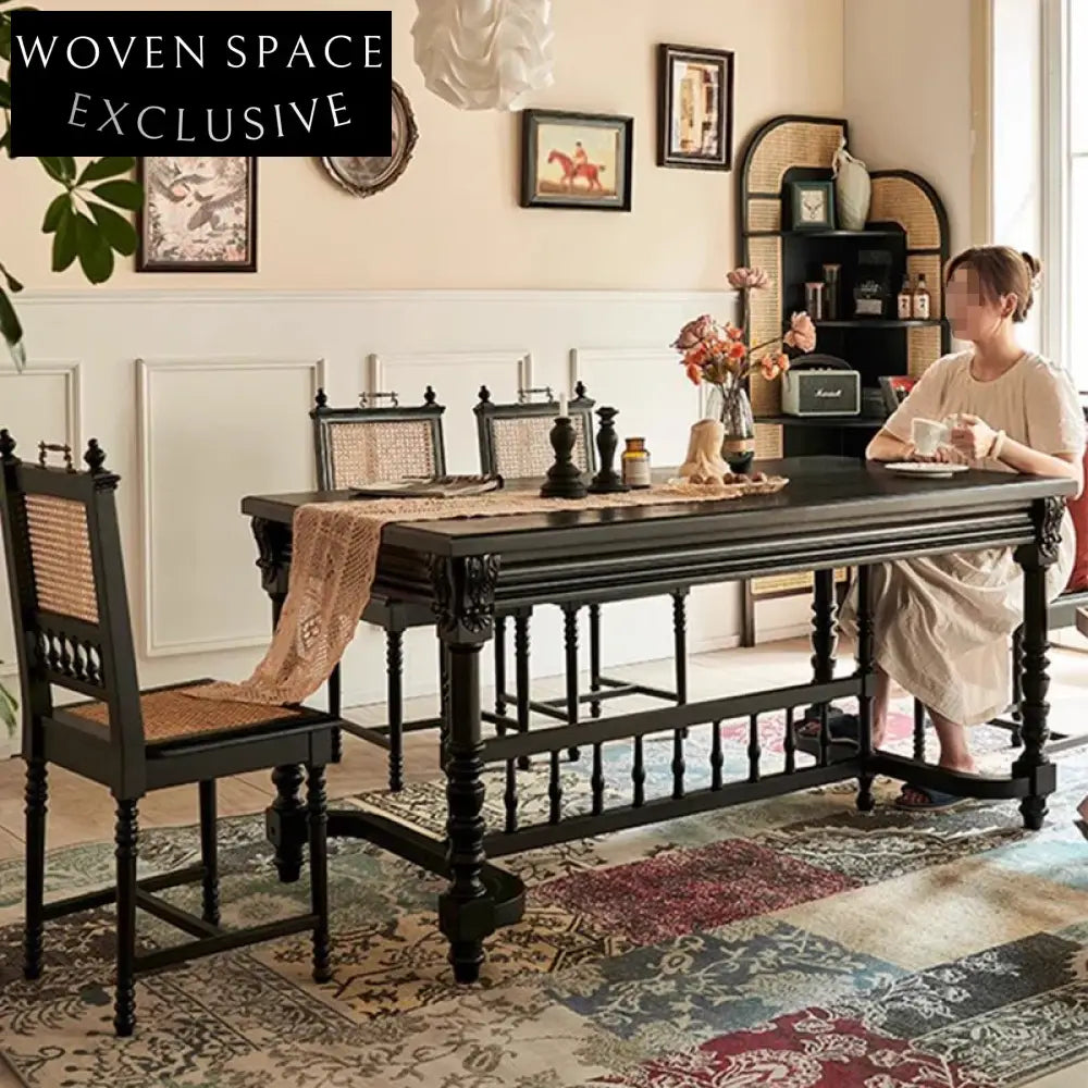 Modern Black Solid Oak Wood Rattan Natural Woven Dining Chair