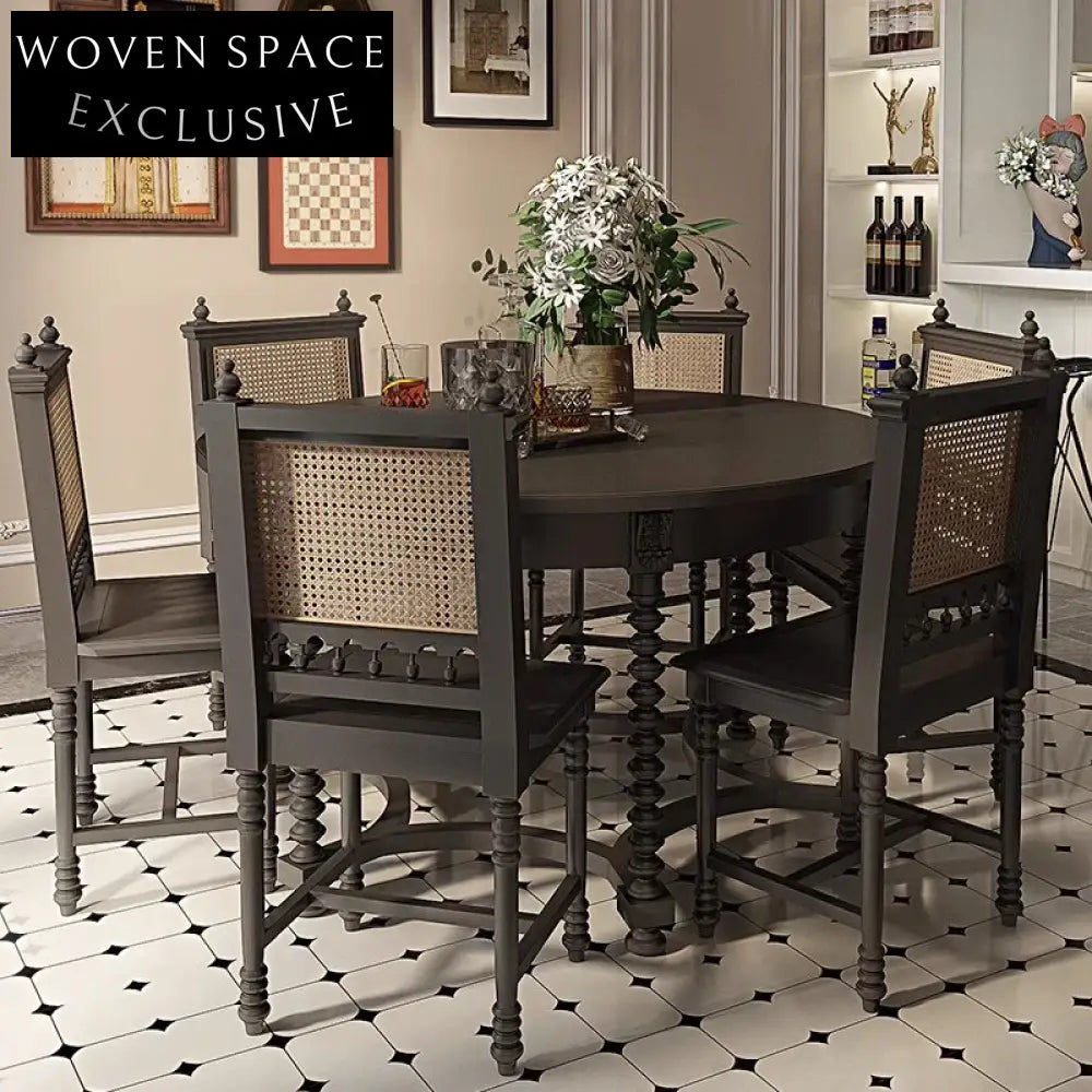 Modern Black Solid Oak Wood Rattan Natural Woven Dining Chair