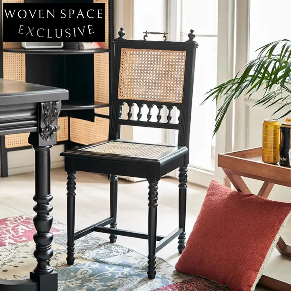 Modern Black Solid Oak Wood Rattan Natural Woven Dining Chair