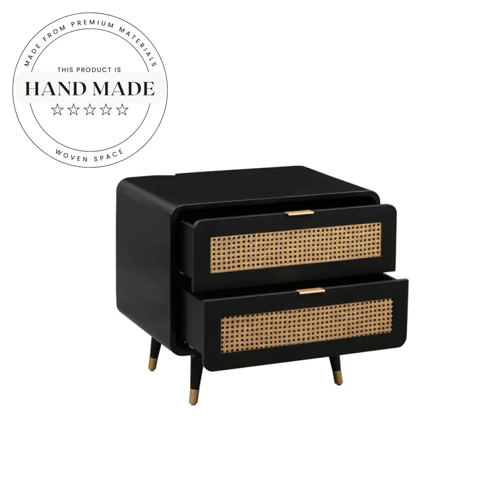 Modern Black Solid Wood Nightstand with Natural Rattan Drawers